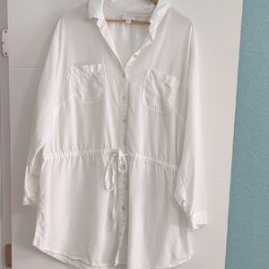 J.jill White Tencel Button-Up Shirt w Drawstring Waist Sz 2x Roller Tab Sleeves